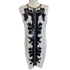 BCBG Beige With Black Sequin Pattern Sleeveless Mini Dress S